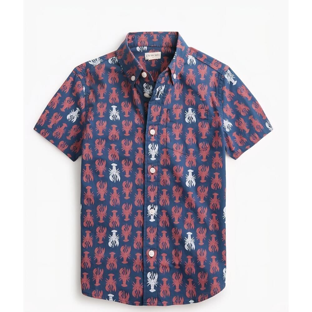 NWT Crewcuts J.Crew Boys Lobster Print Shirt Sz10 Blue Red Cotton Dusty Twilight
